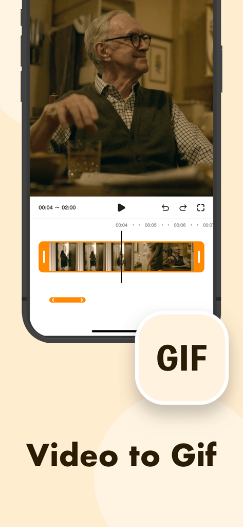 Awesome Screen Recorder mobile interface demonstrating the video to GIF conversion feature with a video editing timeline.