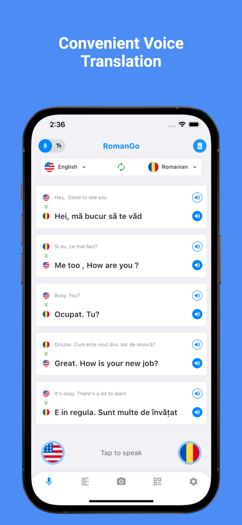 Romanian Translator Pro + - Une capture d'écran de l'application RomanGo affichant une conversation de traduction vocale entre l'anglais et le roumain