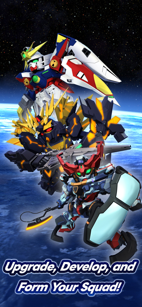 Mobile suit SD Gundam nello spazio con testo sulla costruzione della squadra