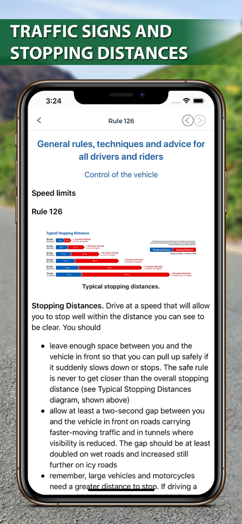 Typical stopping distances chart and Rule 126 details in The Highway Code 2026 app