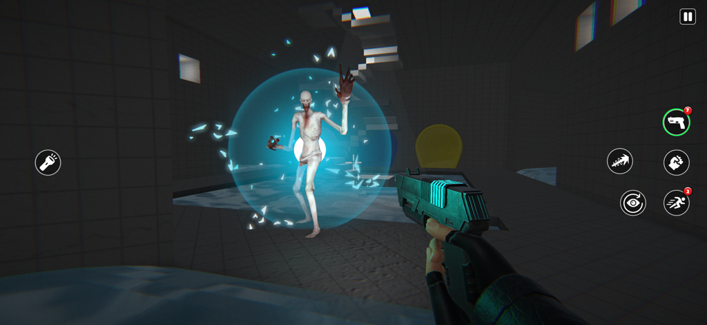 Uma perspectiva em primeira pessoa em um jogo de terror onde o jogador mira uma arma de plasma em uma criatura humanoide pálida presa em um escudo de energia azul.