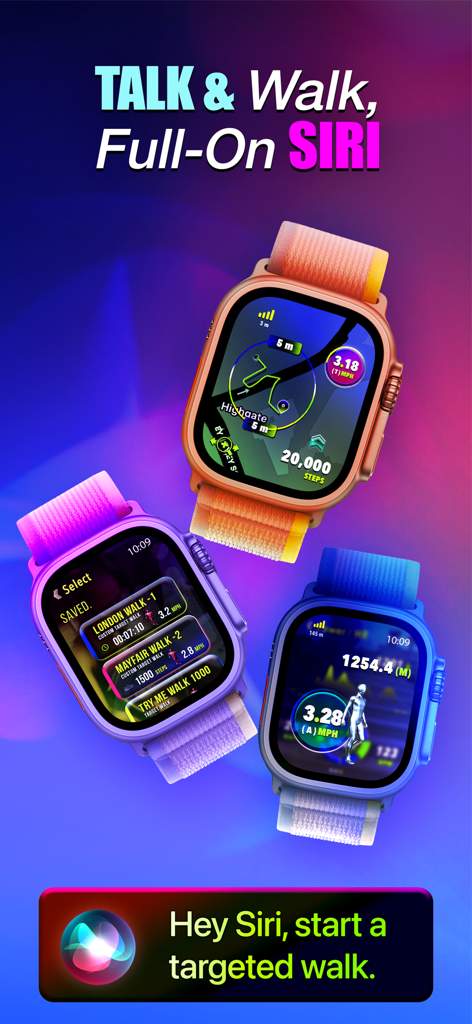 Walk Ailly - 목표 걷기 시작을 위한 Siri 음성 제어를 특징으로 하는 세 개의 Apple Watch에 표시되는 Walk Ailly 앱 인터페이스