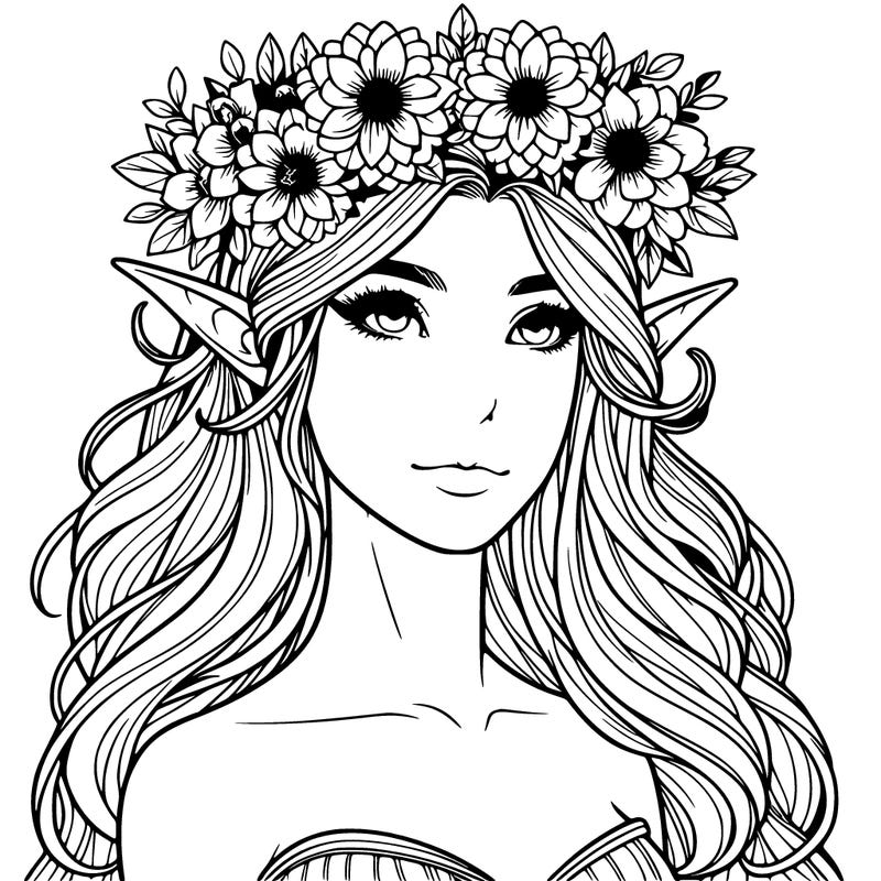 realistic female elf with flower crown