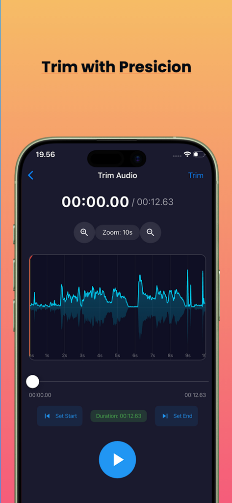 iRecorder: Background Recorder - A smartphone screen showing the audio trimming interface of the iRecorder app with a blue waveform visualization.