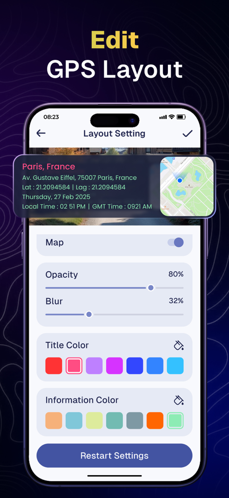 GPS Map Camera - Geotag Photos - Interface des paramètres de disposition de l'application Caméra GPS Carte pour personnaliser les superpositions de géolocalisation des photos