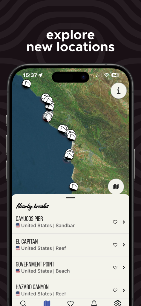 Surf-Forecast.com - Map view in the Surf-Forecast app showing nearby surf breaks along the coastline
