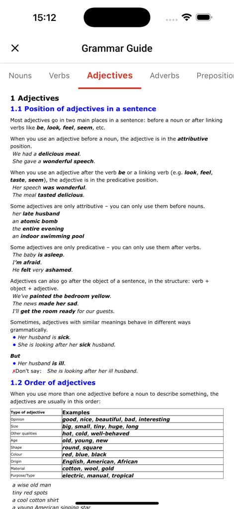 Learn English Listening: 6mins - English grammar guide screen showing rules and examples for adjective position and order