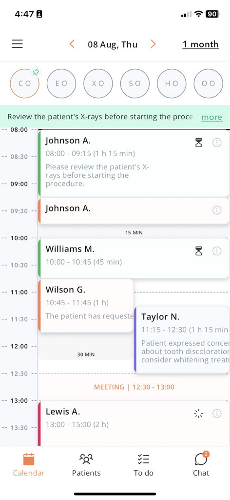 Ai-Clinic Dentalpraxismanagement-App, die den täglichen Terminkalender anzeigt