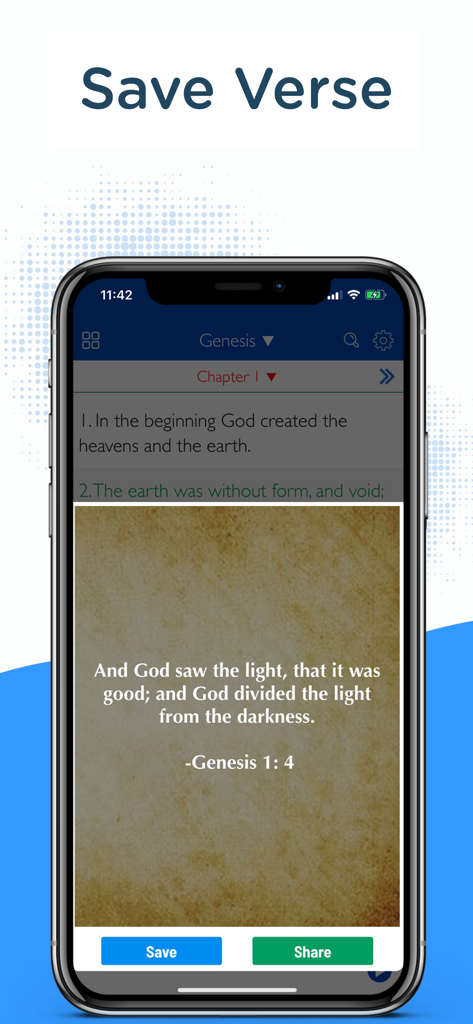 Good News Bible app interface showing a verse image for Genesis 1 4 with save and share buttons.