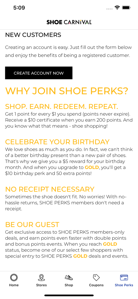 Informationen über die Vorteile des Shoe Perks-Prämienprogramms in der Shoe Carnival App