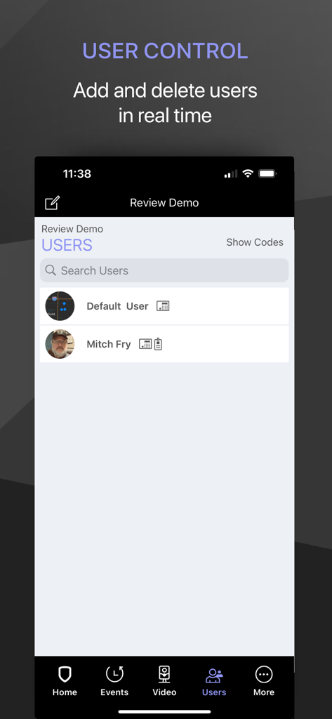 Screenshot of the Virtual Keypad app user management screen showing a list of users and access control options