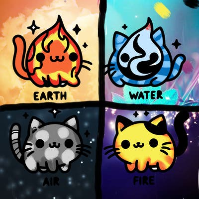 4 cats that represent the different elements, earth, water, air, and fire
