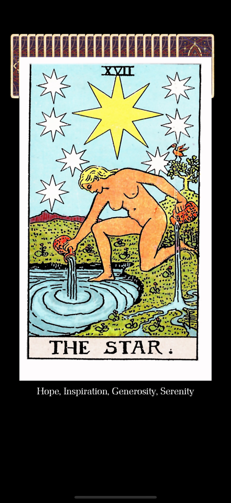 Mystic Tarot - La carta de La Estrella de la baraja Rider-Waite de 1910 restaurada mostrada en la aplicación Mystic Tarot