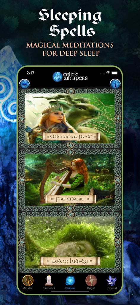 Pantalla de aplicación móvil mostrando meditaciones de hechizos para dormir con temas celtas y nórdicos míticos