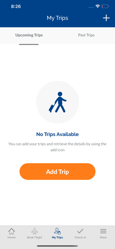 Smartwings - Smartwings mobile app screen for managing trips showing an empty state with an orange Add Trip button