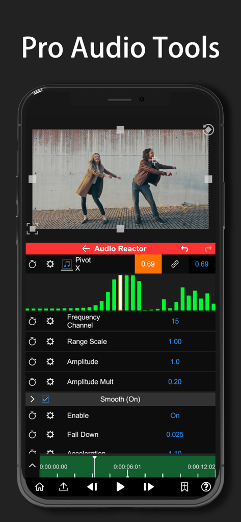 Node Video - Node Video app interface showing the Audio Reactor tool with a music spectrum visualizer