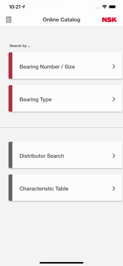 Main screen of NSK Online Catalog app for searching bearings by number size or type with distributor search and characteristic table