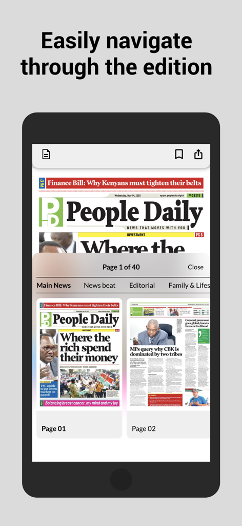 A mobile interface showing thumbnail navigation for different pages and sections of the People Daily digital newspaper