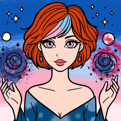 a woman with magic around her and short hair