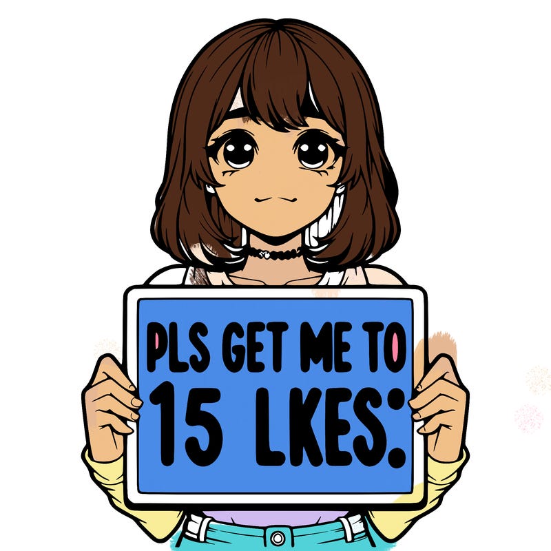 realistic girl holding up a sign that says “pls get me to 15 likes!”