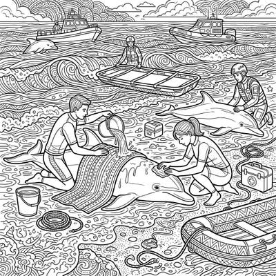 Embark on a meaningful coloring journey with this detailed dolphin rescue scene. Perfect for adults seeking an intricate and heartwarming marine-themed art project.