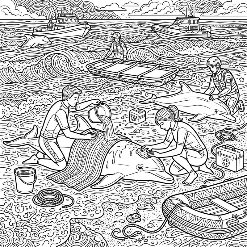 Embark on a meaningful coloring journey with this detailed dolphin rescue scene. Perfect for adults seeking an intricate and heartwarming marine-themed art project.