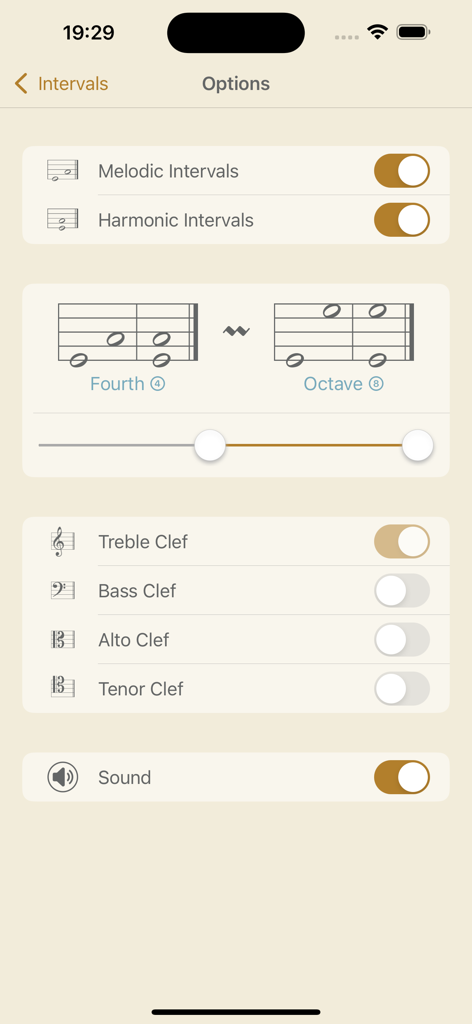Music Buddy Pro – Learn notes - Options screen for melodic and harmonic intervals and clef selection in Music Buddy Pro app