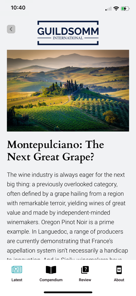 GuildSomm - GuildSomm app interface displaying a professional wine article about Montepulciano grapes and a vineyard landscape.