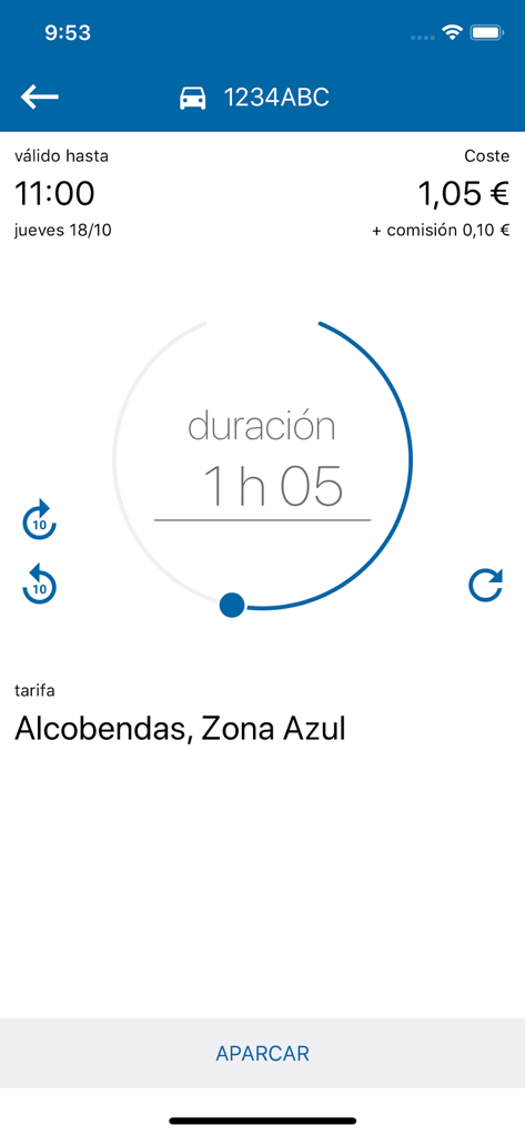 Presto Parking - Pantalla de la aplicación Presto Parking para seleccionar la duración del aparcamiento y ver el costo estimado en Alcobendas, España