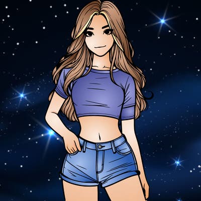 teenage girl with a crop top short shorts and long hair realistic