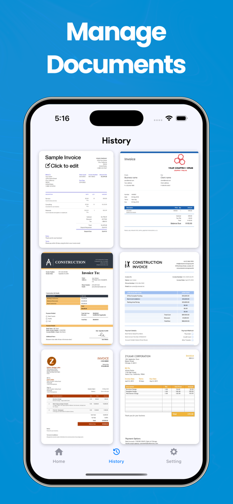 Smart Printer App & Scanner ´ - Una pantalla de aplicación móvil que muestra un historial de documentos gestionados y facturas escaneadas