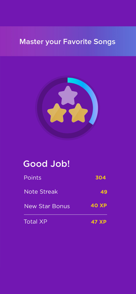 Results screen in Magic Piano app displaying stars, points, and XP for a completed song.