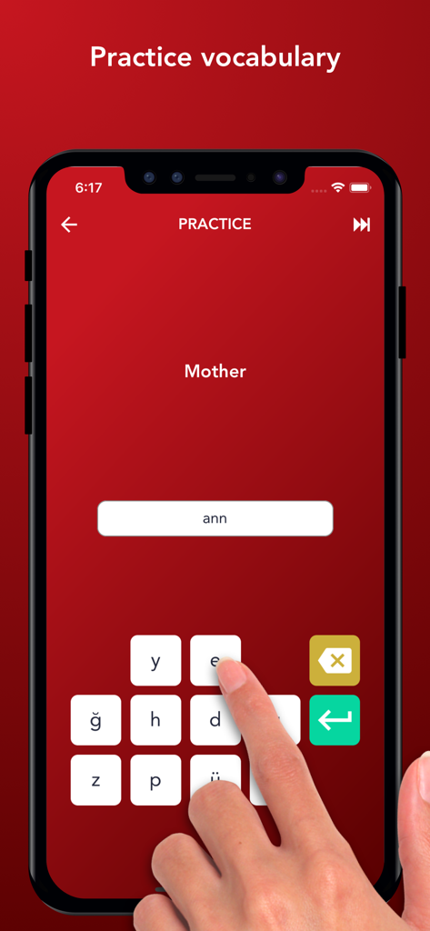 Tobo: Learn Turkish Vocabulary - A mobile app interface showing a Turkish vocabulary practice session where a user spells the word for Mother.