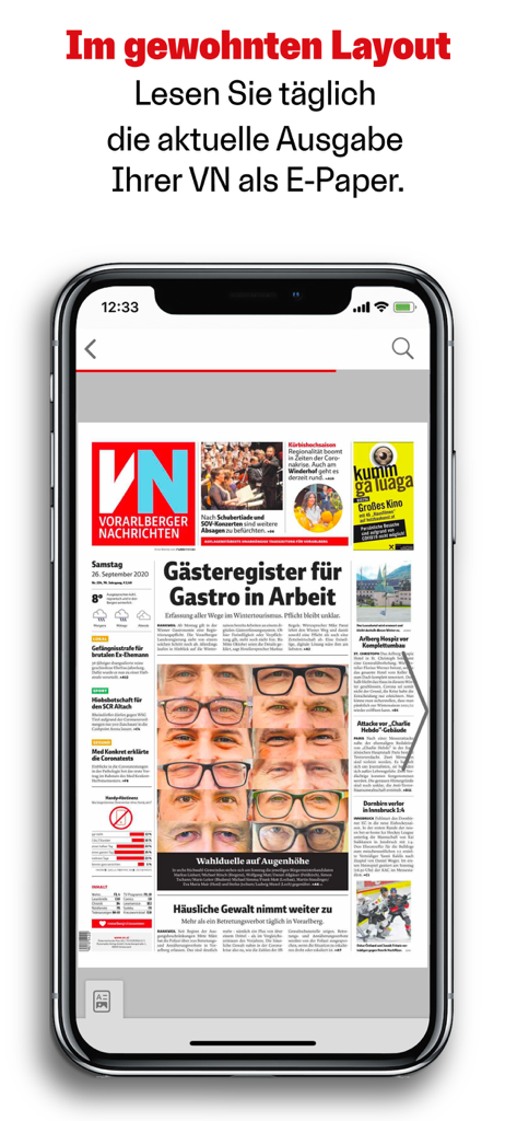 Vorarlberger Nachrichten app showing the digital newspaper e-paper layout