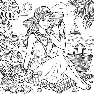 Embrace the warmth of a summer day with this exquisite coloring page featuring a stylish woman adorned in elegant pearl jewelry. Unwind as you bring this serene beach scene, complete with tropical accents, to life with your favorite colors.