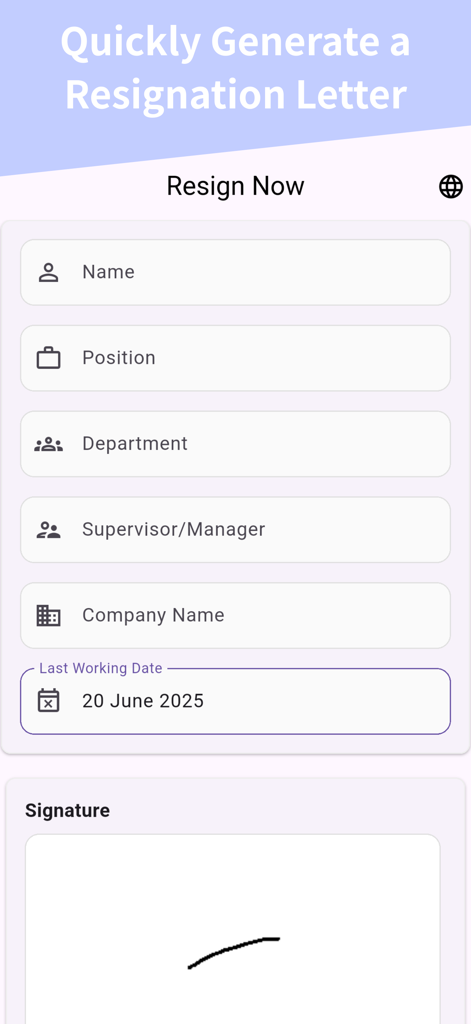 resignation letter -resign now - Mobile app interface for generating a resignation letter with form fields and electronic signature.