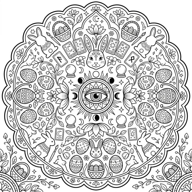 Embark on a creative journey with this captivating Diviner Easter Mandala coloring page, where festive cheer meets ancient wisdom. This unique design offers a mindful escape, blending symbols of renewal and spiritual insight for a truly enchanting coloring experience.