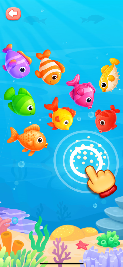 Colorful cartoon fish swimming in an interactive underwater toddler game with touch ripples.