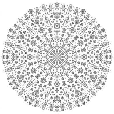 Explore a charming winter wonderland with this exquisite miniature snowmen mandala coloring page. Its intricate details and symmetrical design promise hours of relaxing and creative fun.
