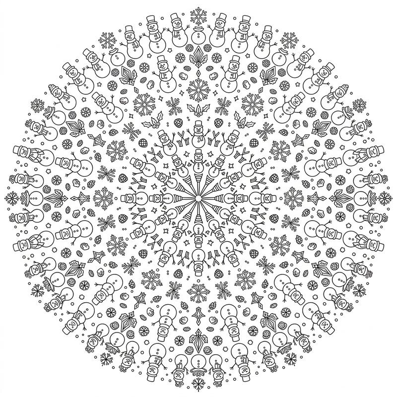 Explore a charming winter wonderland with this exquisite miniature snowmen mandala coloring page. Its intricate details and symmetrical design promise hours of relaxing and creative fun.
