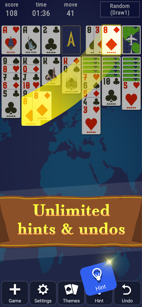 Gameplay of Classic Solitaire showing the unlimited hints and undos feature