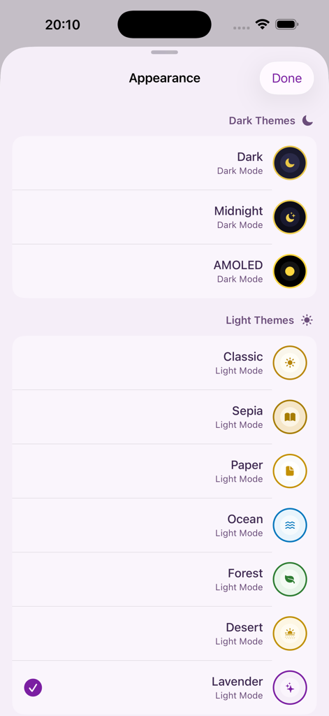 Quran and hadith - モバイルアプリの画面。セピアやラベンダーのような複数のダークおよびライトテーマが表示されている外観設定