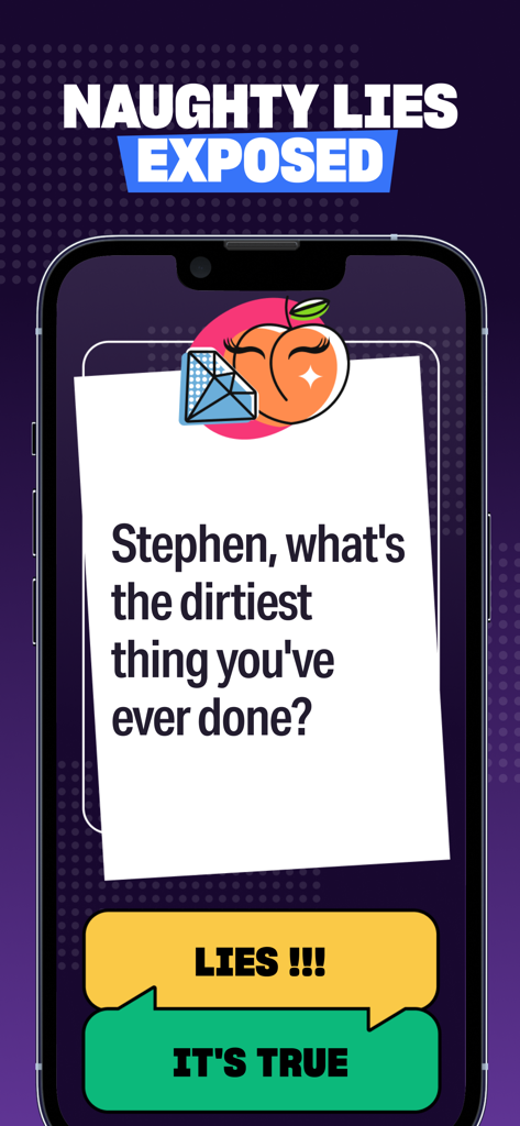 Truth or Dare app interface showing a spicy question and response buttons for a party game