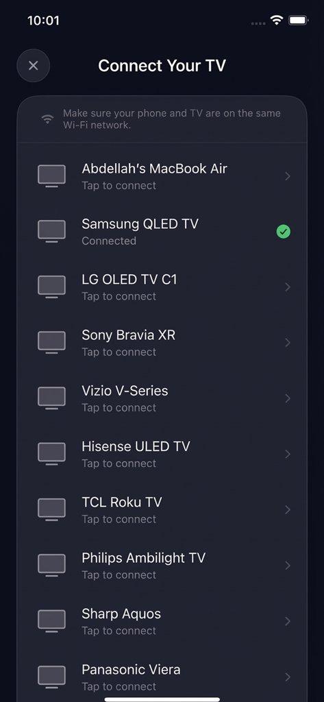 Universal TV Remote Control ▸ - Interface showing a list of compatible Smart TV brands for wireless connection in the app