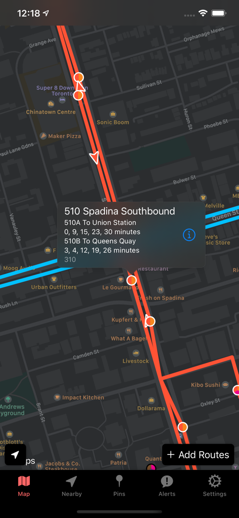 TTC Watch for Toronto - Real-time map of the TTC Watch app showing arrival predictions and vehicle locations for the 510 Spadina streetcar in Toronto