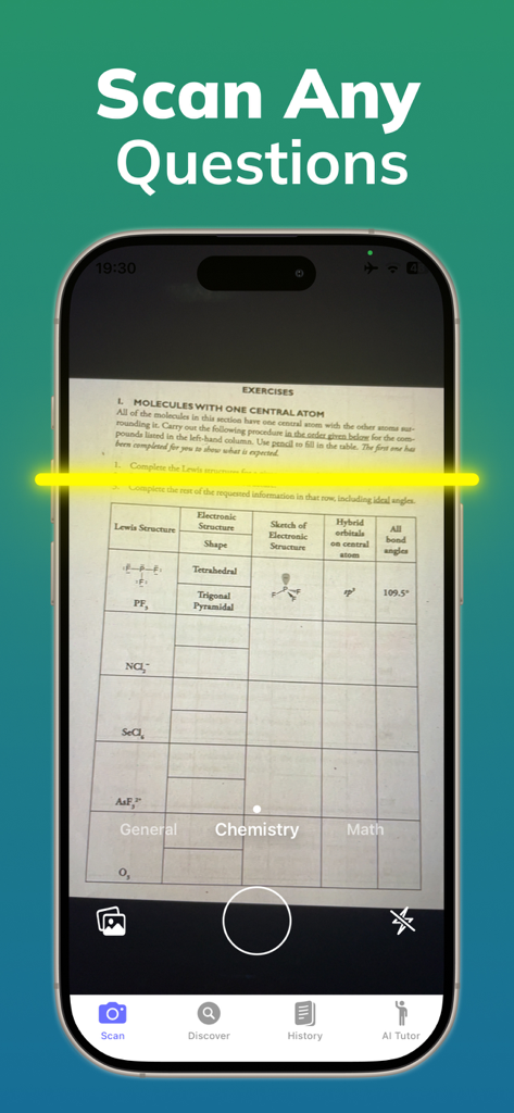 Chemistry Solver: AI Scanner - A mobile phone scanning a chemistry worksheet using the AI scanner feature of the Chemistry Solver app.