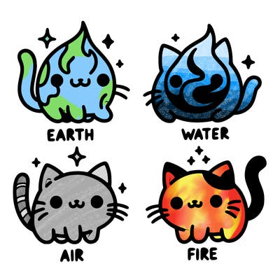 4 cats that represent the different elements, earth, water, air, and fire
