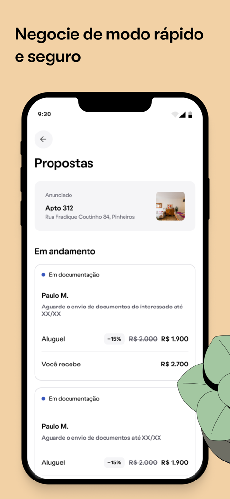 QuintoAndar: Aluguel e Compra - QuintoAndar mobile app screen displaying property rental offers and negotiation progress