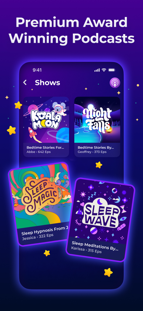 Sleepiest: Sleep Meditations - Sleepiest mobile app interface displaying premium award winning sleep podcasts and bedtime stories