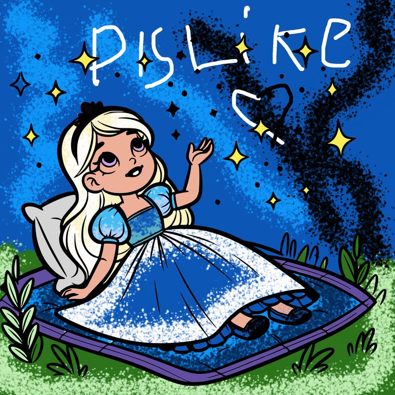 a princess lying on her back on a blanket, looking up at the stars with a dreamy expression.